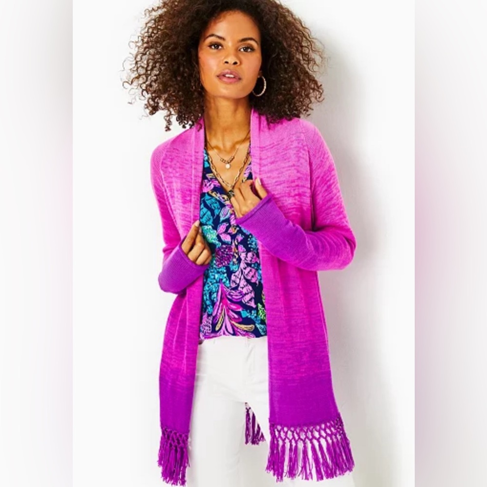Lilly Pulitzer Tatum Ombre Fringe Cardigan- Orchid Oasis Marled Ombre- XXS